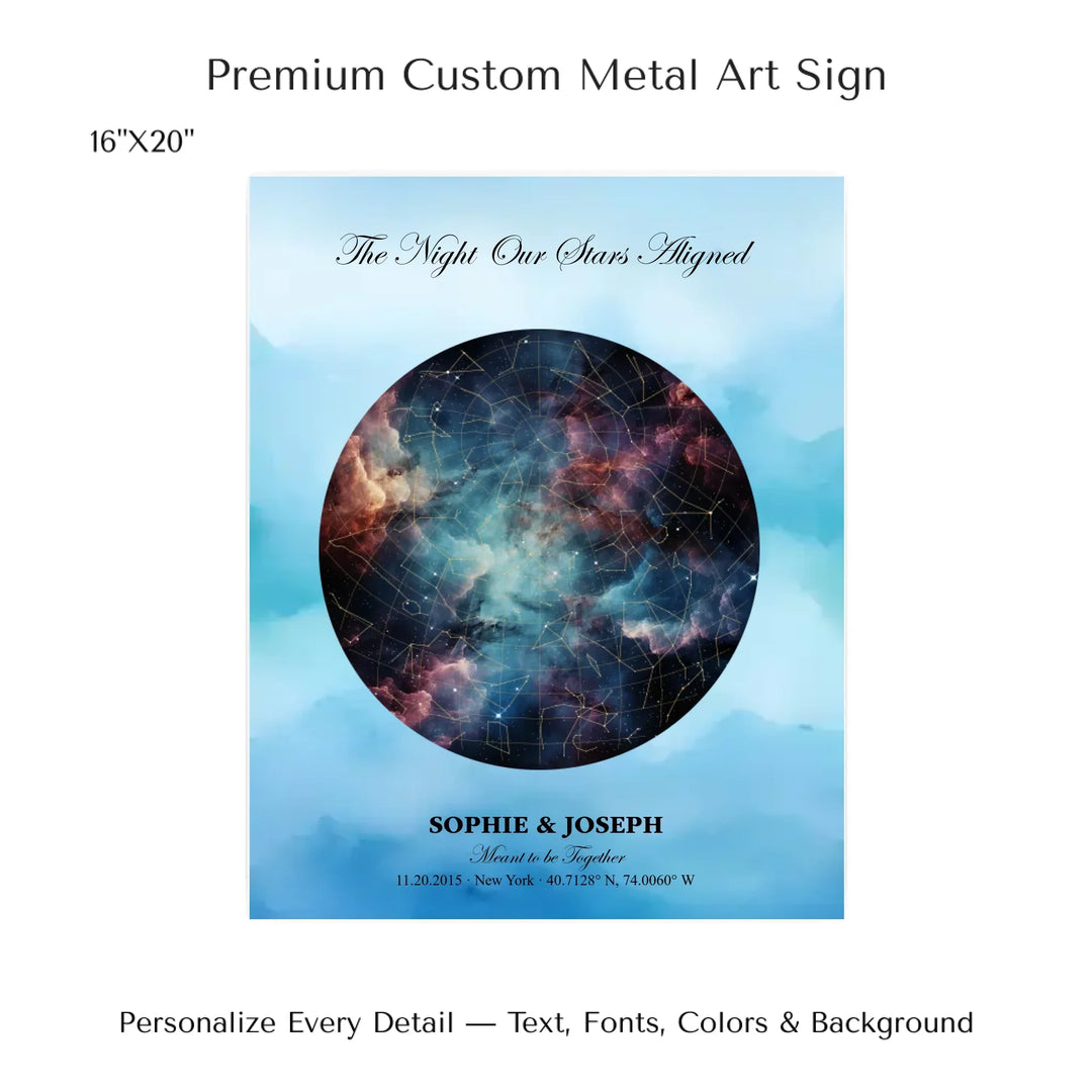 Personalized star map wall art with customizable night sky, background, names, date, location, and coordinates -16x20 metal art sign-ARTFULANE