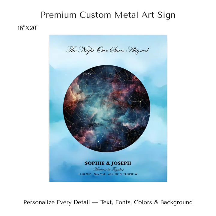 Personalized star map wall art with customizable night sky, background, names, date, location, and coordinates -16x20 metal art sign-ARTFULANE