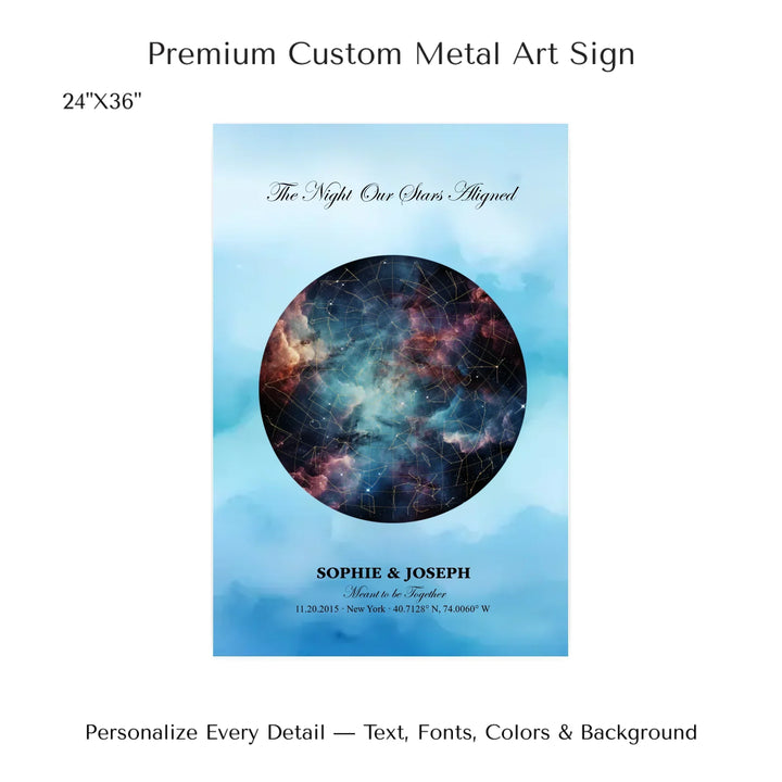 Personalized star map wall art with customizable night sky, background, names, date, location, and coordinates -24x36 metal art sign-ARTFULANE