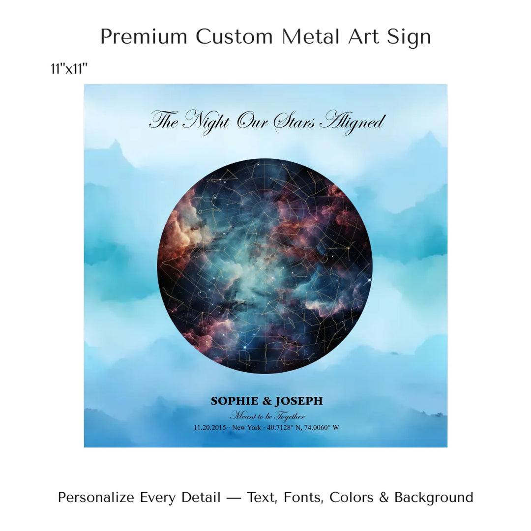 Personalized star map wall art with customizable night sky, background, names, date, location, and coordinates -11x11 metal art sign-ARTFULANE