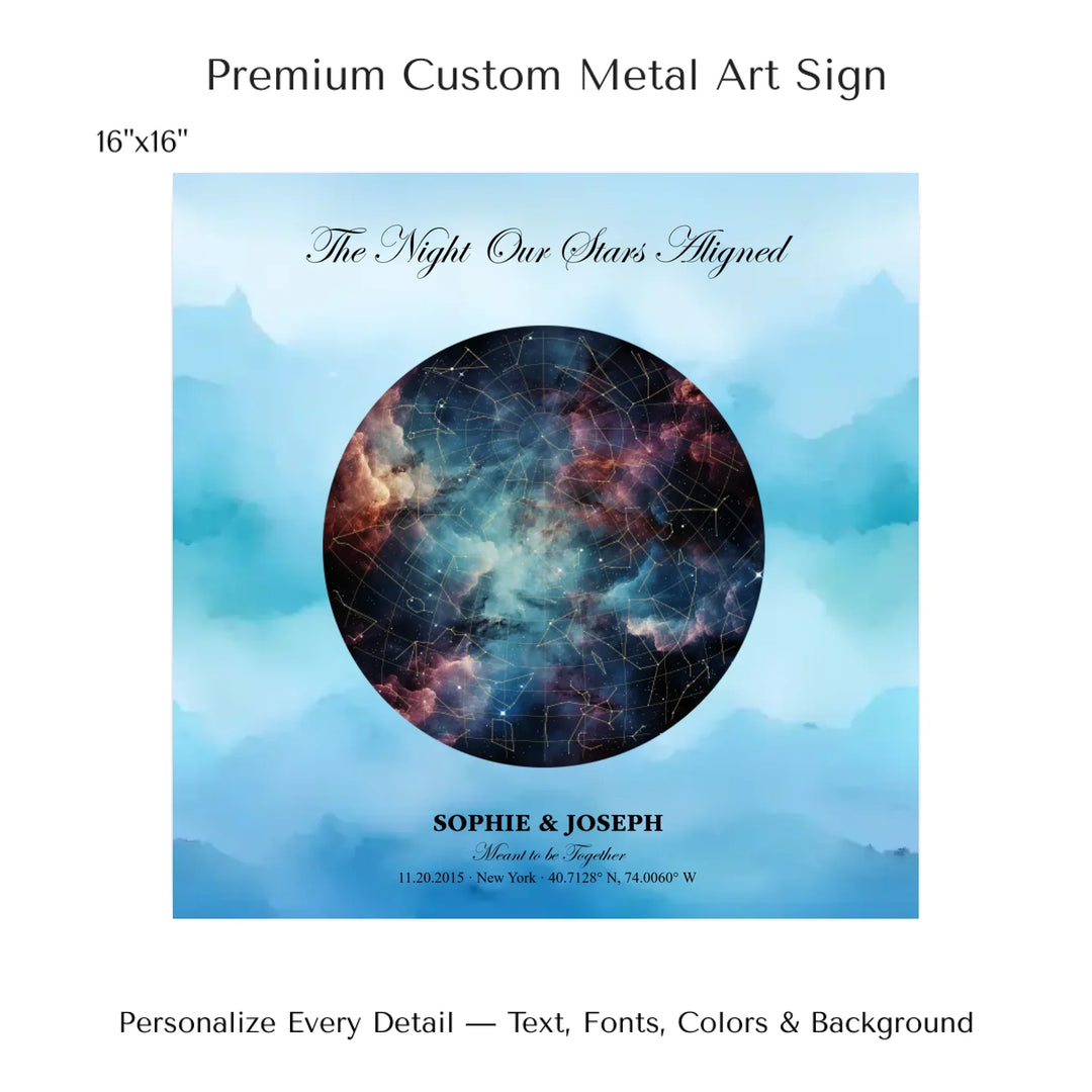 Personalized star map wall art with customizable night sky, background, names, date, location, and coordinates -16x16 metal art sign-ARTFULANE
