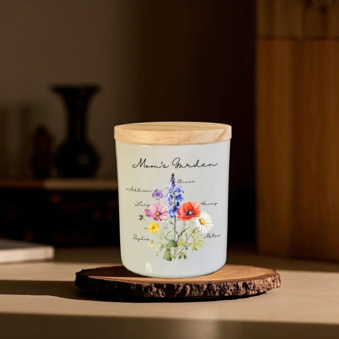 Custom-Birth-Month-Flower-Bouquet-White-Glass-Jar-With-LED-Candle-front-view-artfulane