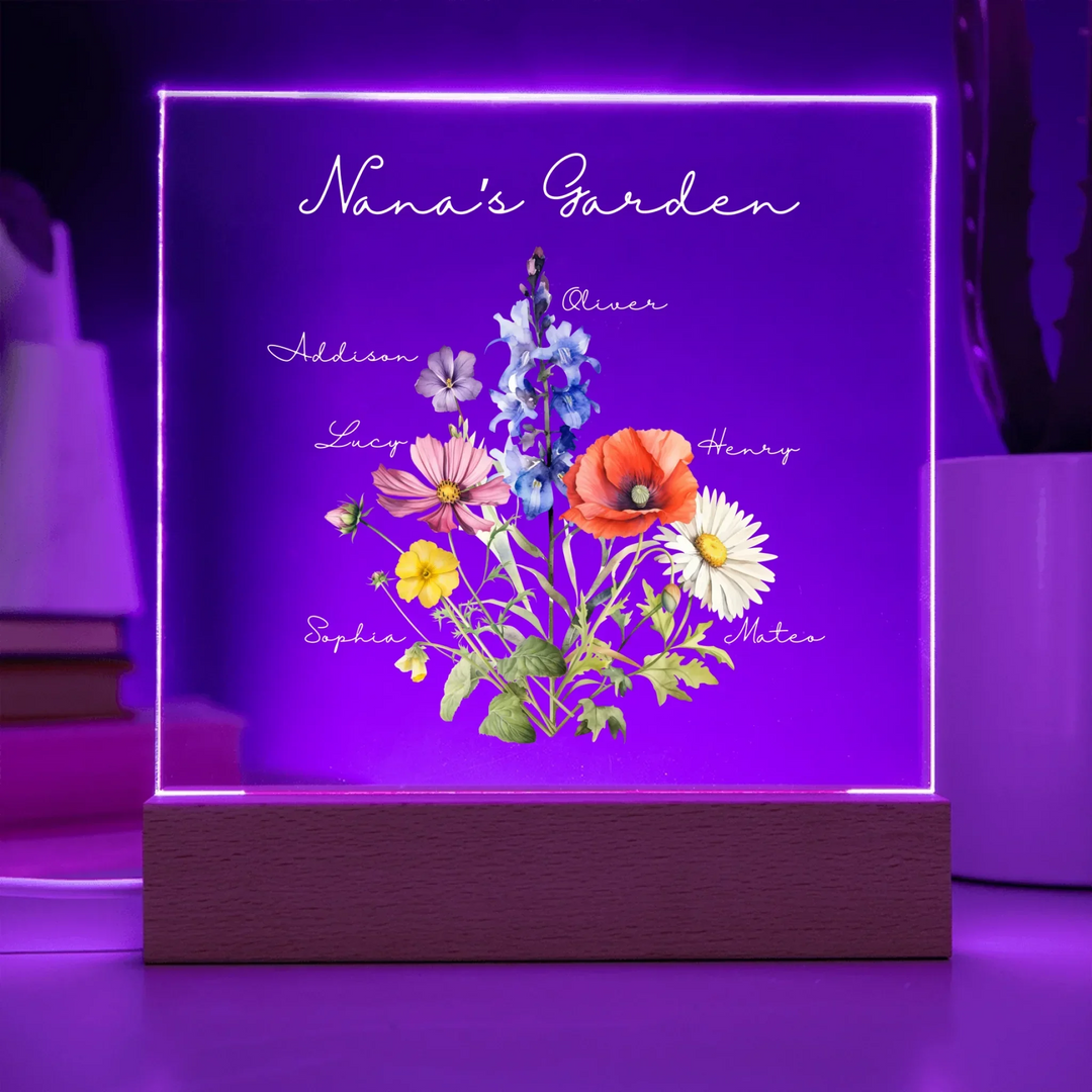 Custom-Watercolor-Birth-Month-Flower-Bouquet-Acrylic-Square-LED-Sign-in-purple-light-artfulane 