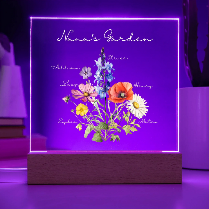 Custom-Watercolor-Birth-Month-Flower-Bouquet-Acrylic-Square-LED-Sign-in-purple-light-artfulane 