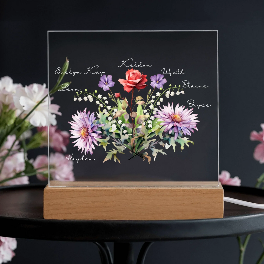 Custom-Watercolor-Birth-Month-Flower-Bouquet-Acrylic-Square-with-LED-base-artfulane 