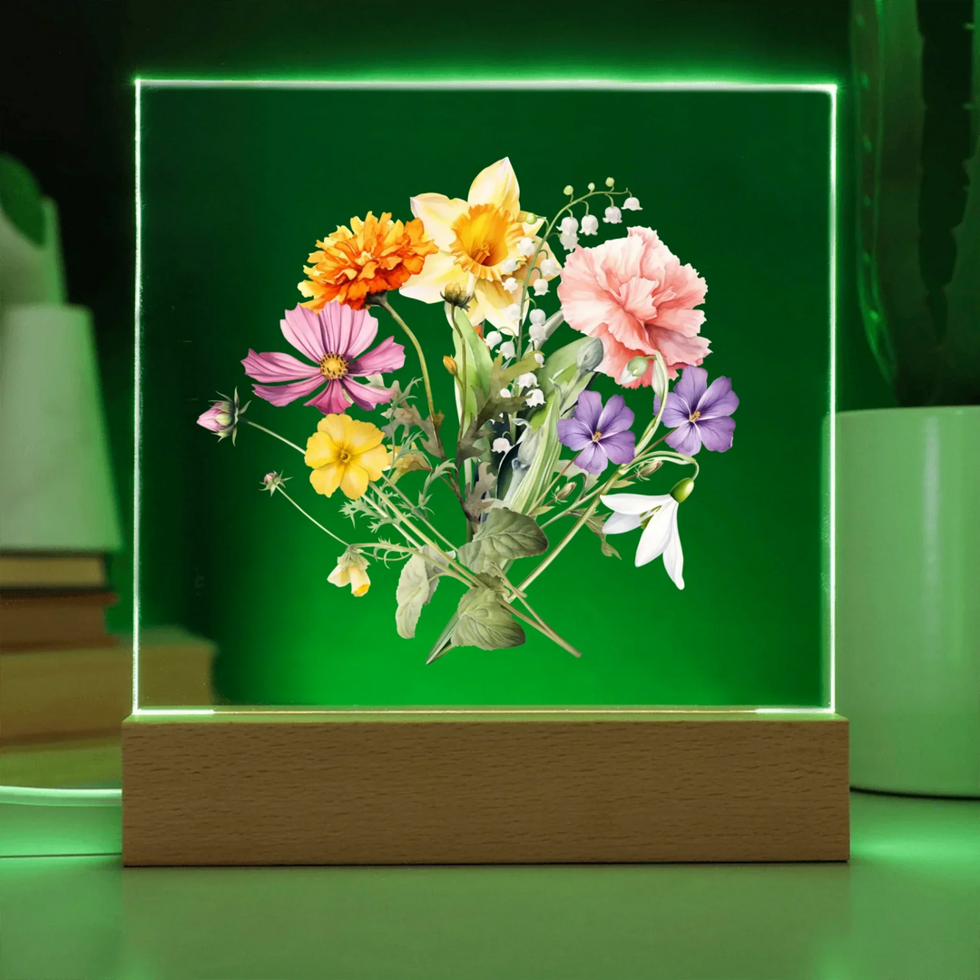 Custom-Watercolor-Birth-Month-Flower-Bouquet-Acrylic-Square-LED-Sign-in-green-light-artfulane 