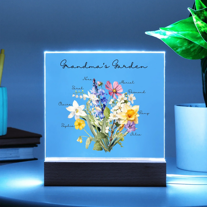 Custom-Watercolor-Birth-Month-Flower-Bouquet-Acrylic-Square-LED-Sign-in-turquoise-light-artfulane 