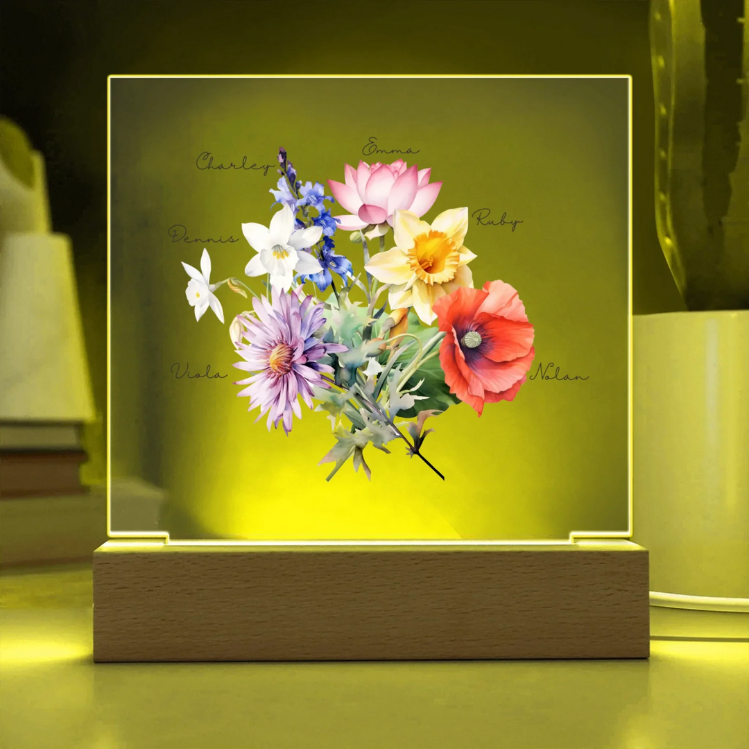 Custom-Watercolor-Birth-Month-Flower-Bouquet-Acrylic-Square-LED-Sign-in-yellow-light-artfulane 
