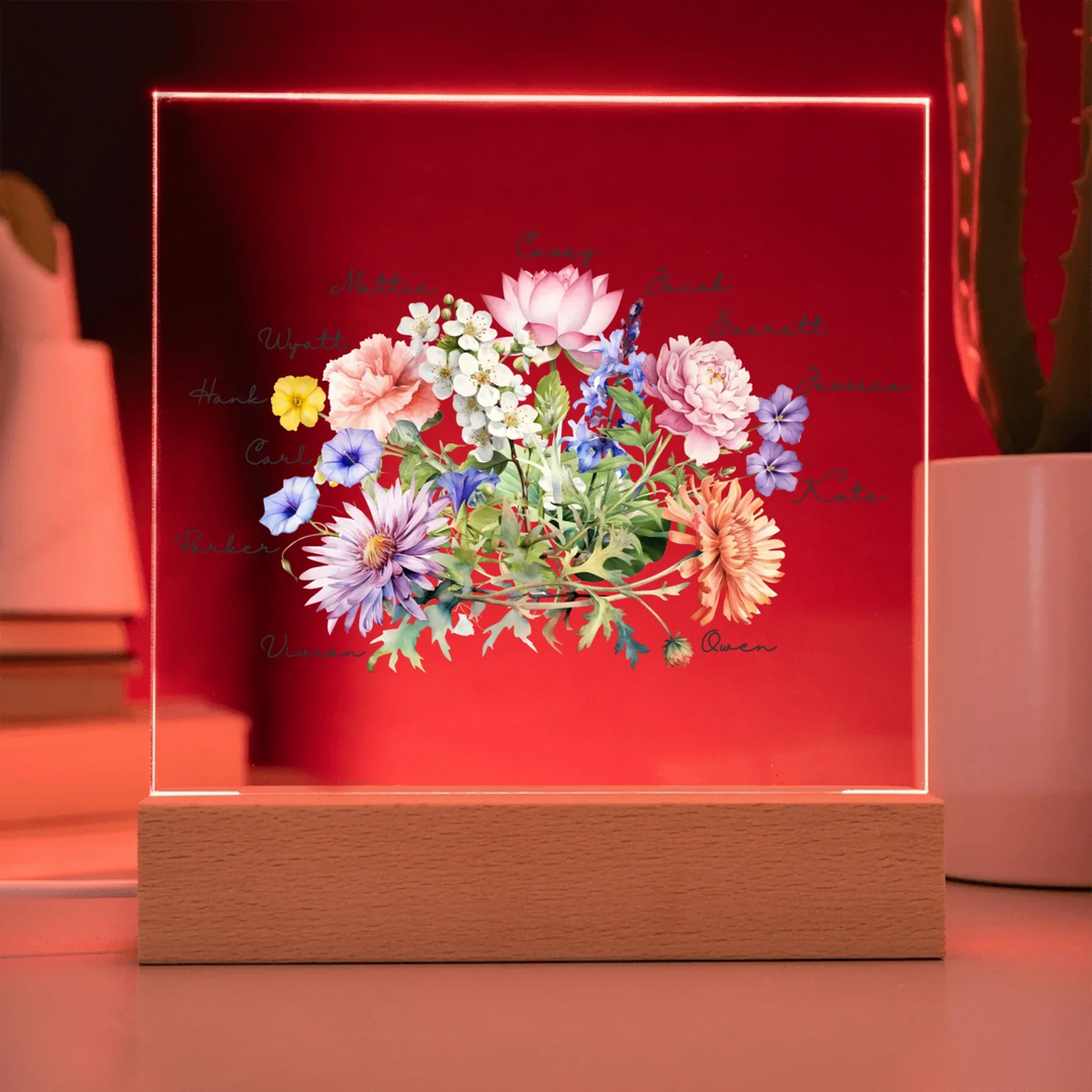 Custom-Watercolor-Birth-Month-Flower-Bouquet-Acrylic-Square-LED-Sign-in-red-light-artfulane 