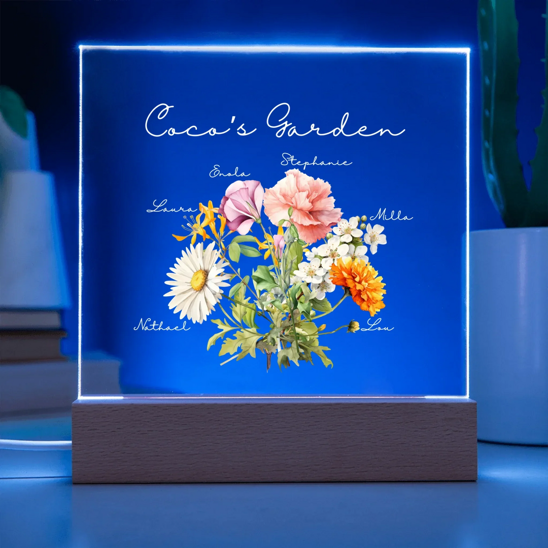 Custom-Watercolor-Birth-Month-Flower-Bouquet-Acrylic-Square-LED-Sign-in-blue-light-artfulane 