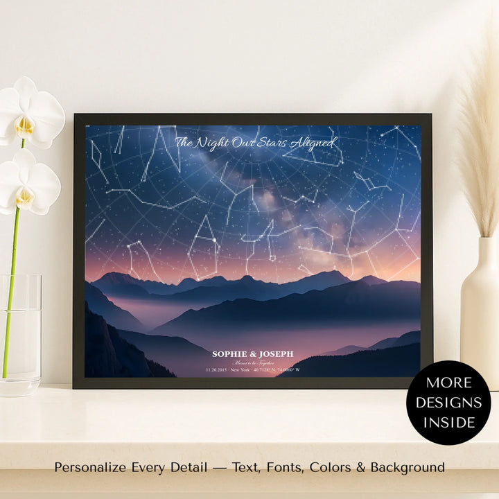 Personalized star map wall art with mountain landscape, custom night sky, constellation lines, and editable names, date, and coordinates -framed canvas on shelf-ARTFULANE