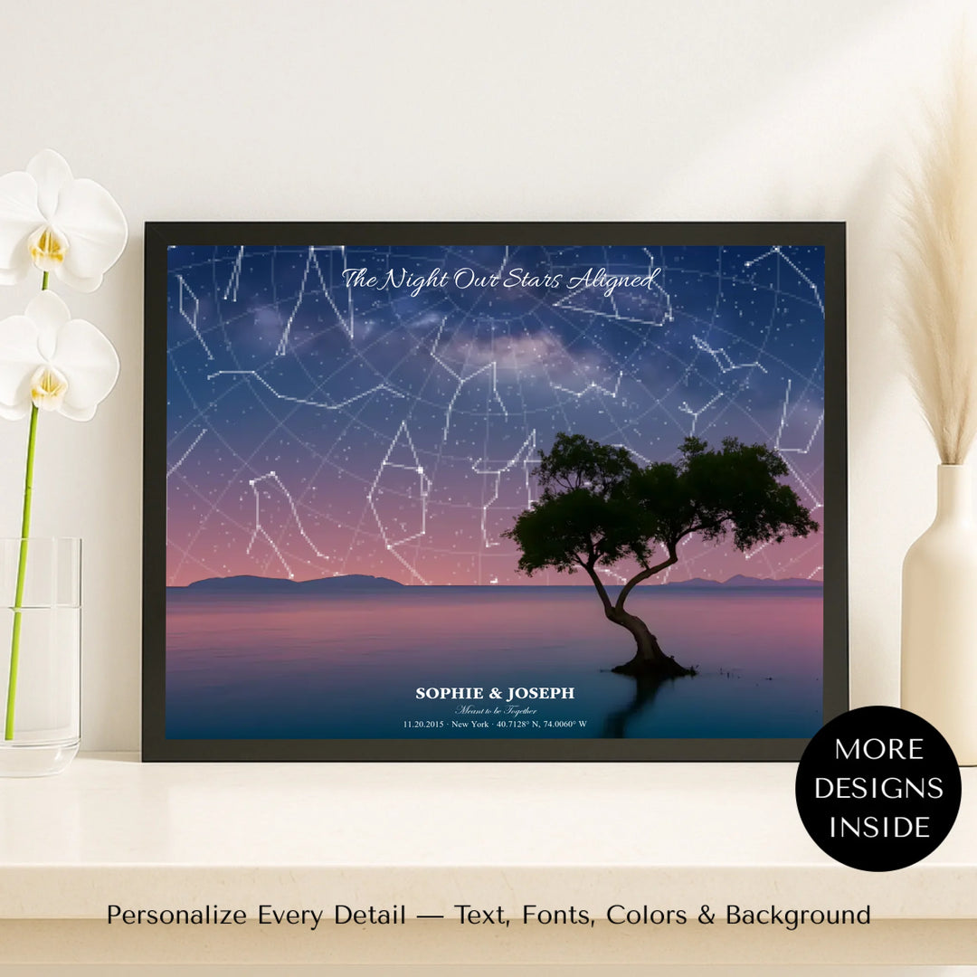 Personalized star map wall art with lake tree landscape, custom night sky, constellation lines, and editable names, date, and coordinates -framed canvas on shelf-ARTFULANE