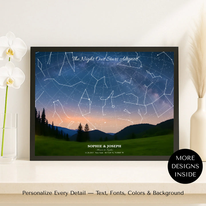 Personalized star map wall art with landscape, custom night sky, constellation lines, and editable names, date, and coordinates -framed canvas on shelf-ARTFULANE