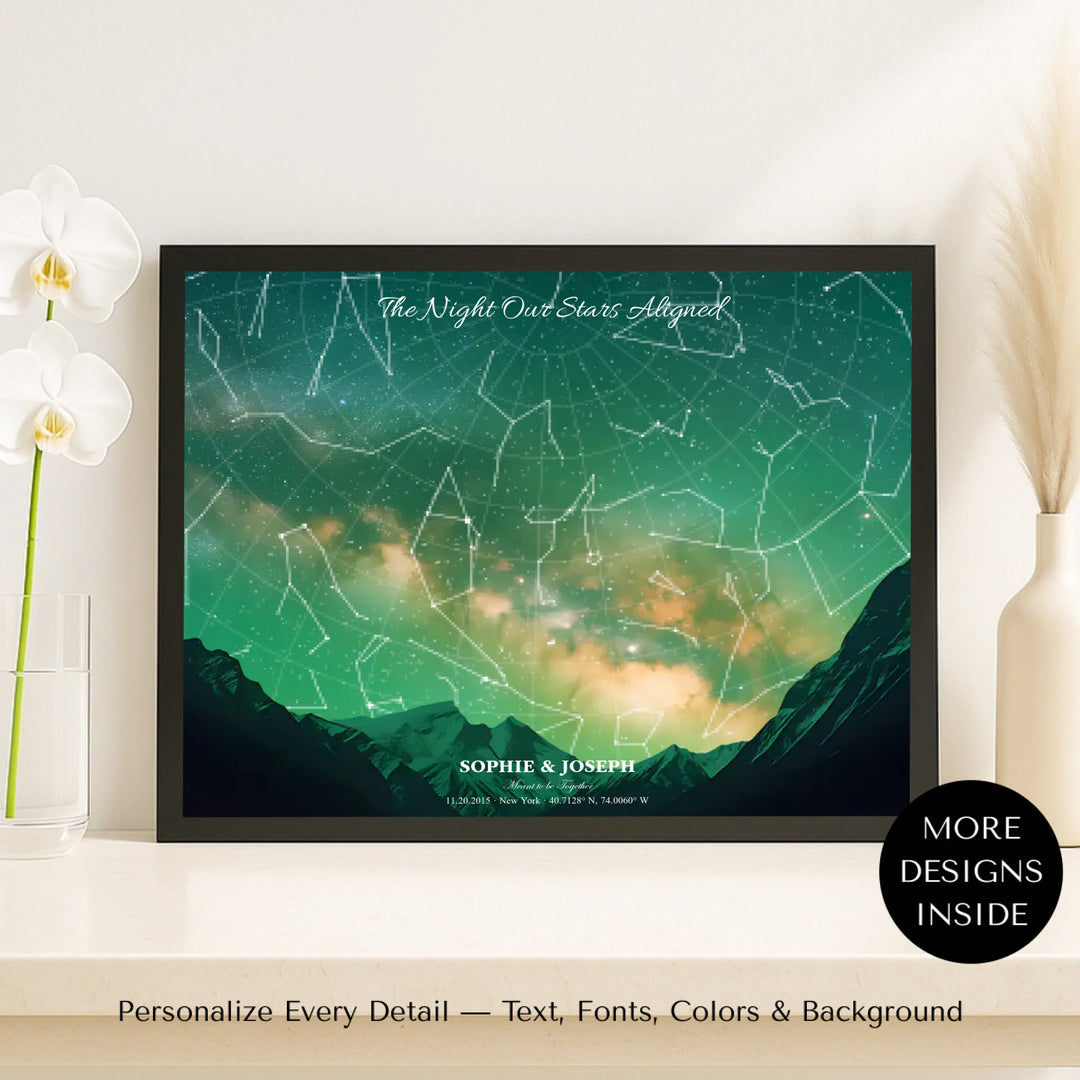 Personalized star map wall art with mountain landscape, custom night sky, constellation lines, and editable names, date, and coordinates -framed canvas on shelf-ARTFULANE