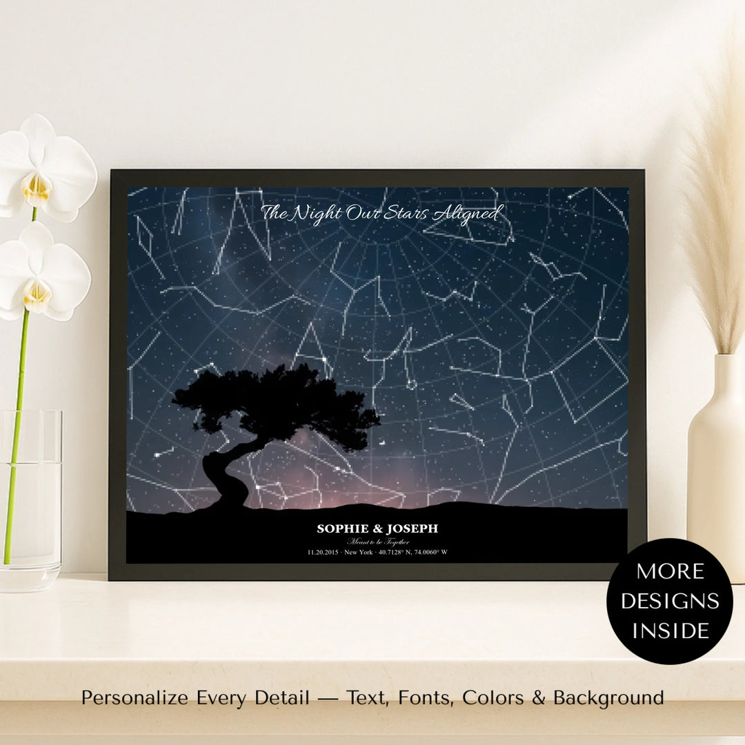 Personalized star map wall art with tree landscape, custom night sky, constellation lines, and editable names, date, and coordinates -framed canvas on shelf-ARTFULANE