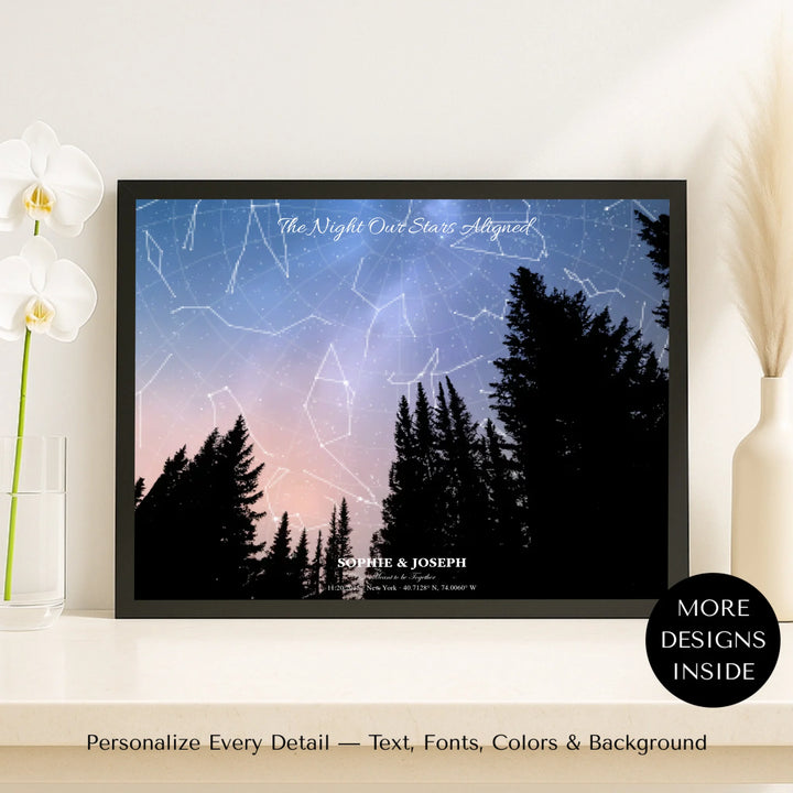 Personalized star map wall art with mountain landscape, custom night sky, constellation lines, and editable names, date, and coordinates -framed canvas on shelf-ARTFULANE