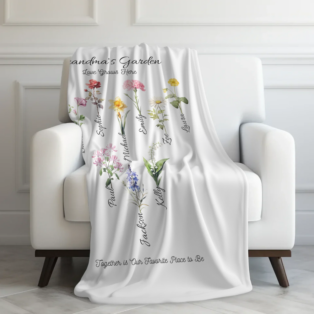 Custom-Watercolor-Birth-Month-Flower-Garden-velveteen-Blanket-on-chair-artfulane