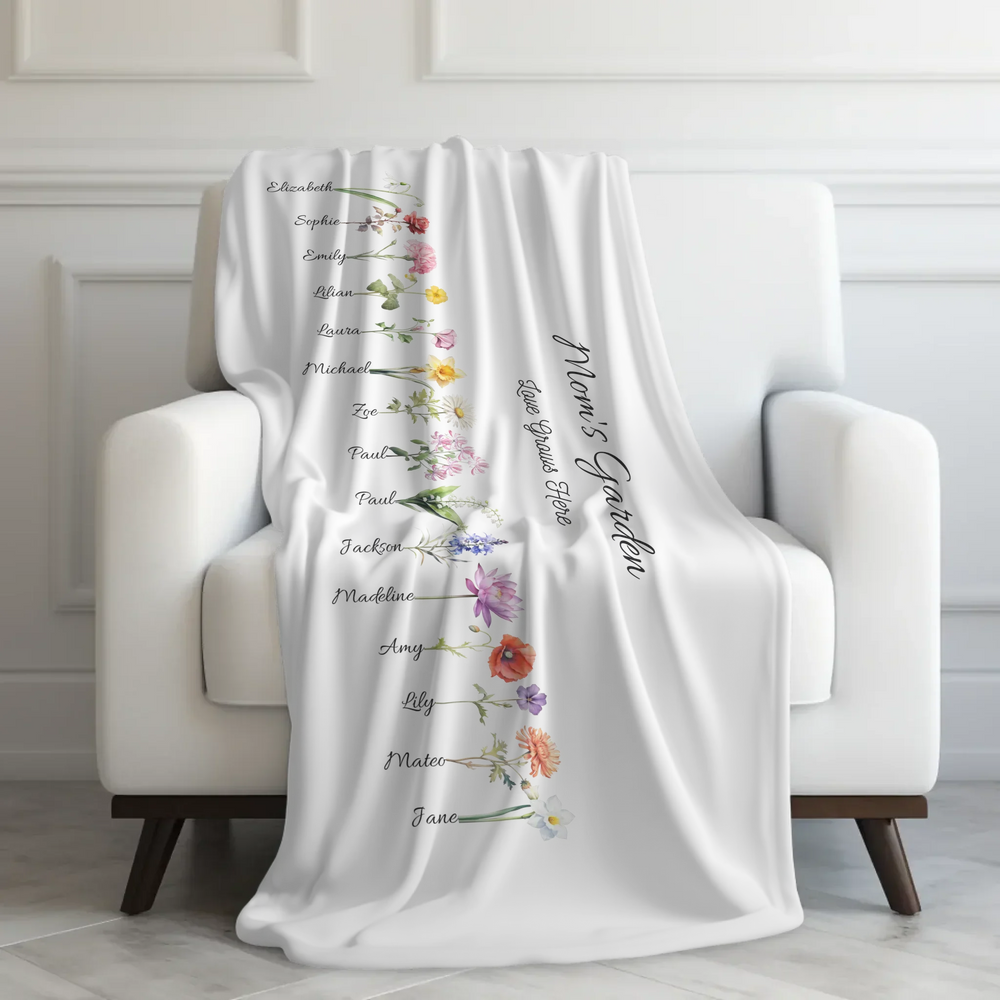 Custom-Watercolor-Birth-Month-Flower-Garden-velveteen-Blanket-on-chair-artfulane