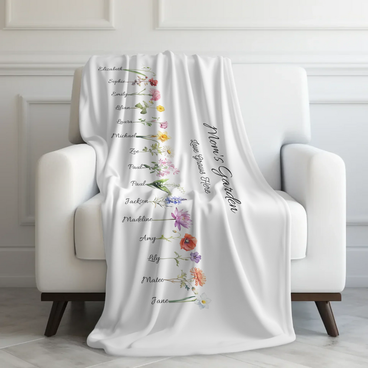 Custom-Watercolor-Birth-Month-Flower-Garden-velveteen-Blanket-on-chair-artfulane