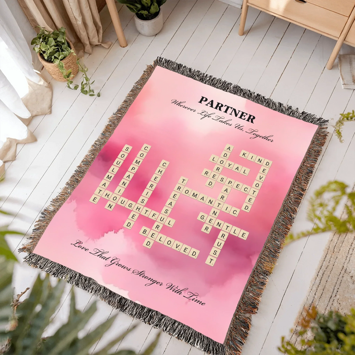 Custom Partner Word Tile - Heirloom Woven Blanket In Room-ARTFULANE