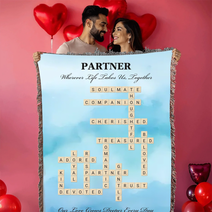 Custom Partner Word Tile - Heirloom Woven Blanket Held by a Couple-ARTFULANE