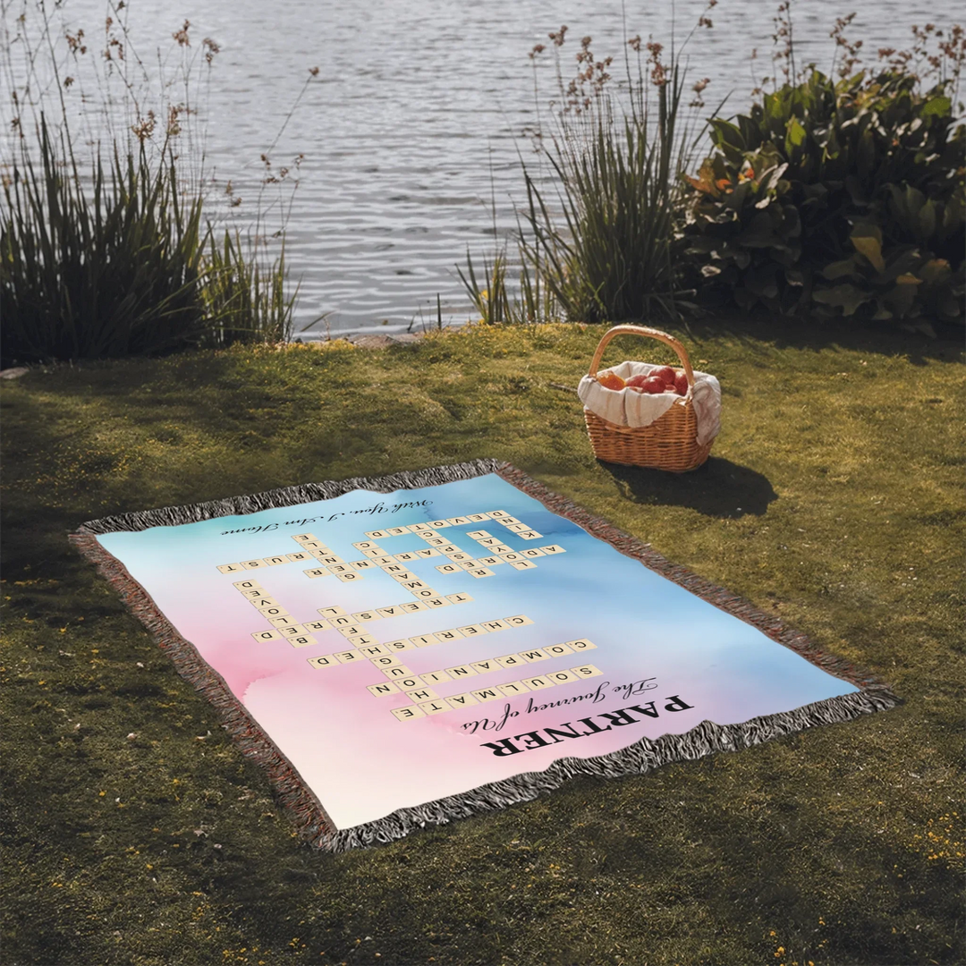 Custom Partner Word Tile - Heirloom Woven Blanket On Grass-ARTFULANE