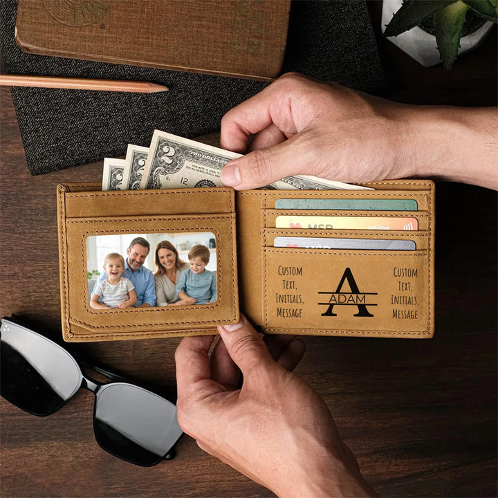 In use Custom engraved men’s wallet in brown leather featuring Best Custom Since Year design and personalized text — premium gift by ARTFULANE.