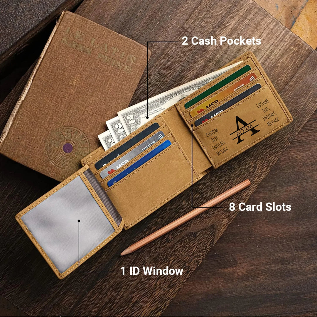 Custom engraved men’s wallet in brown leather featuring Best Custom Since Year design and personalized text — premium gift by ARTFULANE.