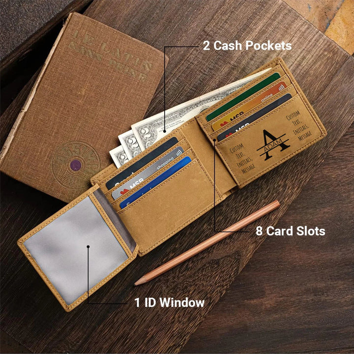 Custom engraved men’s wallet in brown leather featuring Best Custom Since Year design and personalized text — premium gift by ARTFULANE.