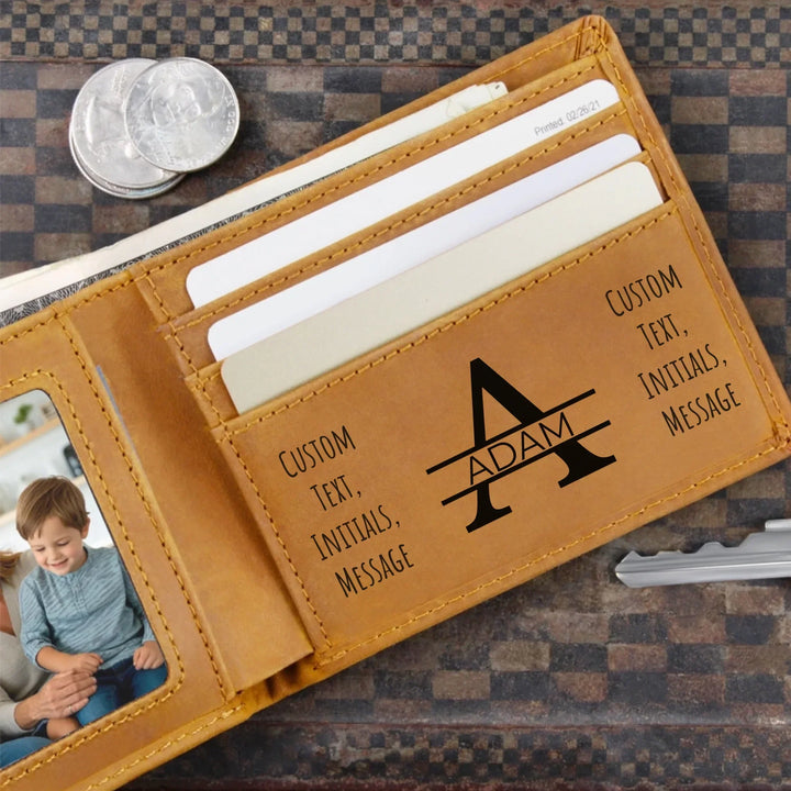Custom engraved men’s wallet in brown leather featuring Best Custom Since Year design and personalized text — premium gift by ARTFULANE.