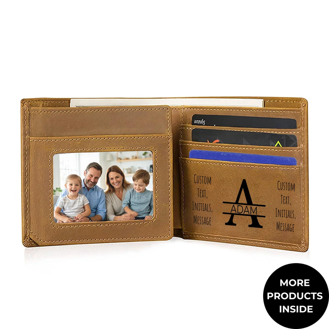 Custom engraved men’s wallet in brown leather featuring Best Custom Since Year design and personalized text — premium gift by ARTFULANE.