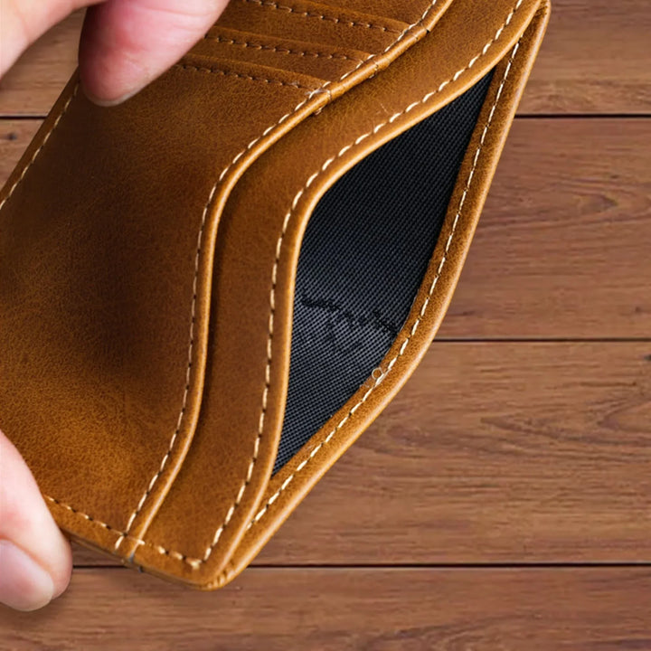 Opened Custom engraved men’s leather card wallet in brown leather featuring Best Custom Since Year design and personalized text — premium gift by ARTFULANE.