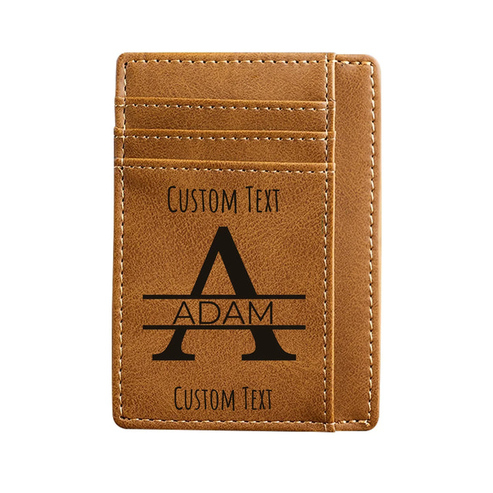 Custom engraved men’s leather card wallet in brown leather featuring Best Custom Since Year design and personalized text — premium gift by ARTFULANE.