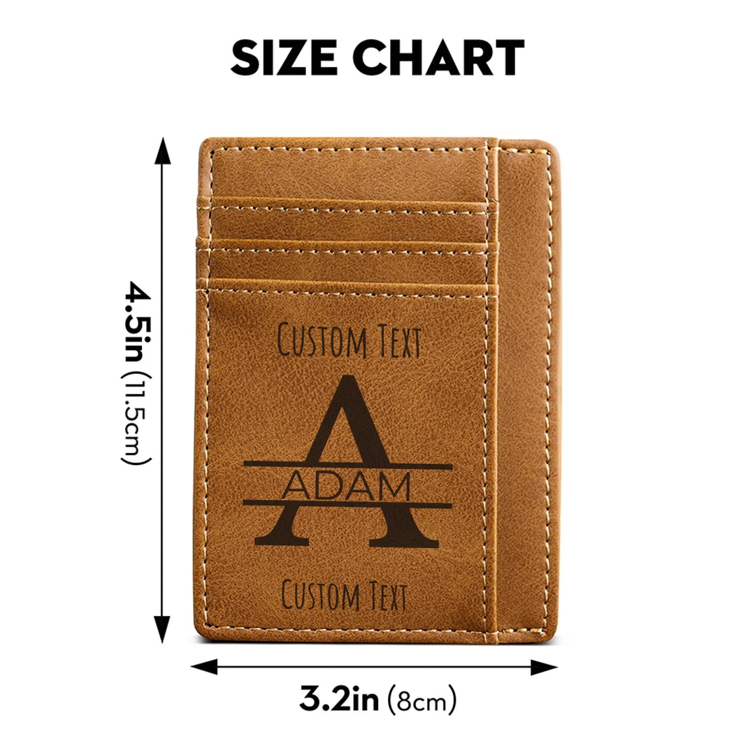Size chart of Custom engraved men’s leather card wallet in brown leather featuring Best Custom Since Year design and personalized text — premium gift by ARTFULANE.
