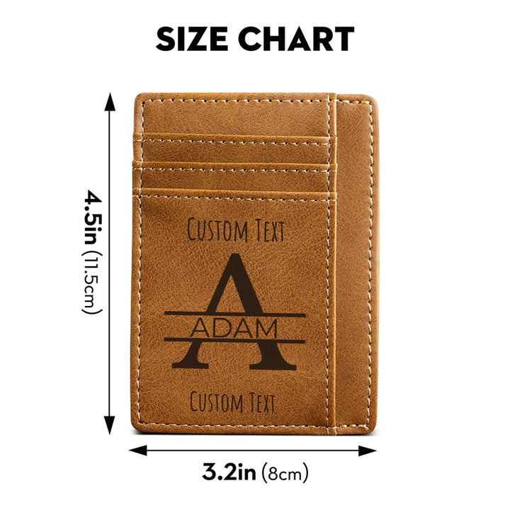 Size chart of Custom engraved men’s leather card wallet in brown leather featuring Best Custom Since Year design and personalized text — premium gift by ARTFULANE.