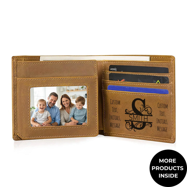 Custom engraved men’s wallet in brown leather featuring Best Custom Since Year design and personalized text — premium gift by ARTFULANE.