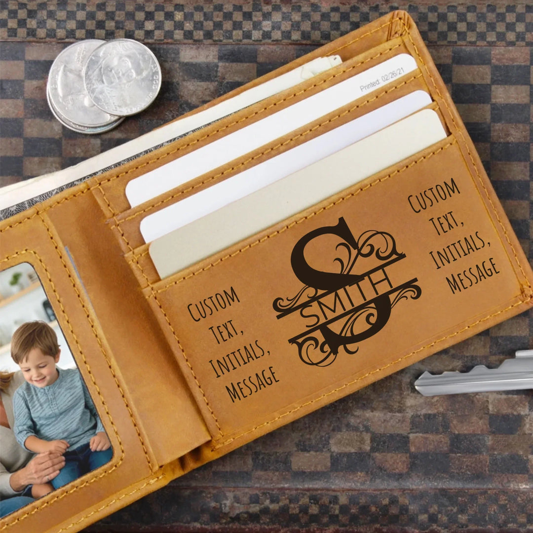 Custom engraved men’s wallet in brown leather featuring Best Custom Since Year design and personalized text — premium gift by ARTFULANE.