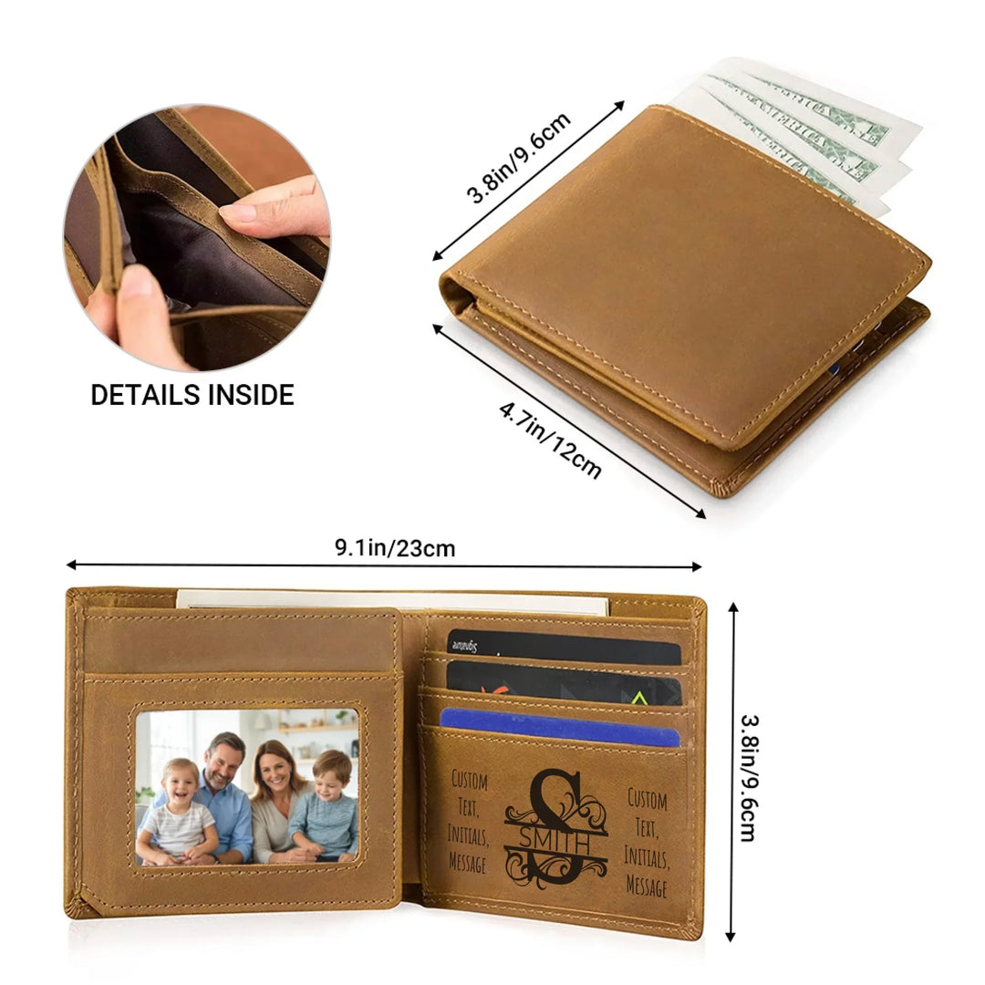 Size of Custom engraved men’s wallet in brown leather featuring Best Custom Since Year design and personalized text — premium gift by ARTFULANE.