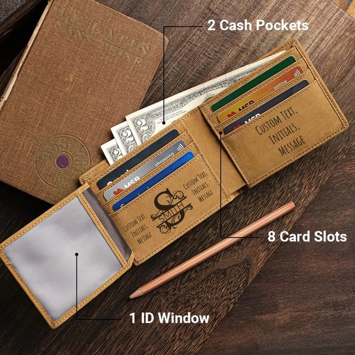 Custom 2-side engraved men’s wallet in brown leather featuring Best Custom Since Year design and personalized text — premium gift by ARTFULANE.