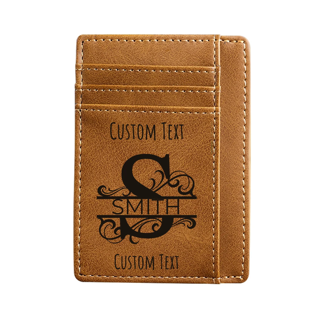 Custom engraved men’s leather card wallet in brown leather featuring Best Custom Since Year design and personalized text — premium gift by ARTFULANE.