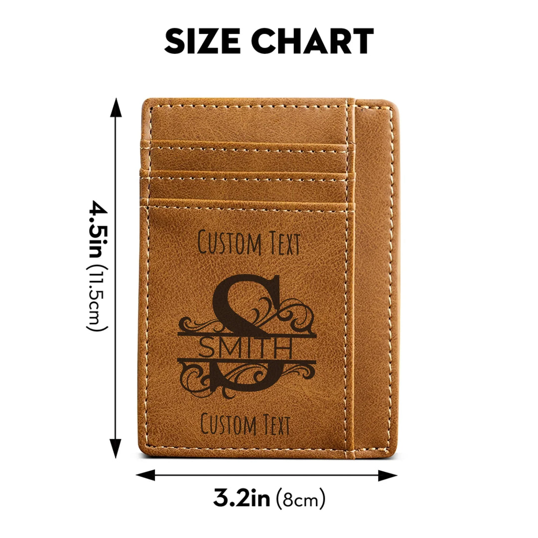 Size chart of Custom engraved men’s leather card wallet in brown leather featuring Best Custom Since Year design and personalized text — premium gift by ARTFULANE.