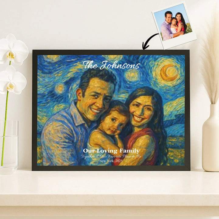 Personalized star map wall art with mountain landscape, custom night sky, constellation lines, and editable names, date, and coordinates -framed canvas on shelf-ARTFULANE