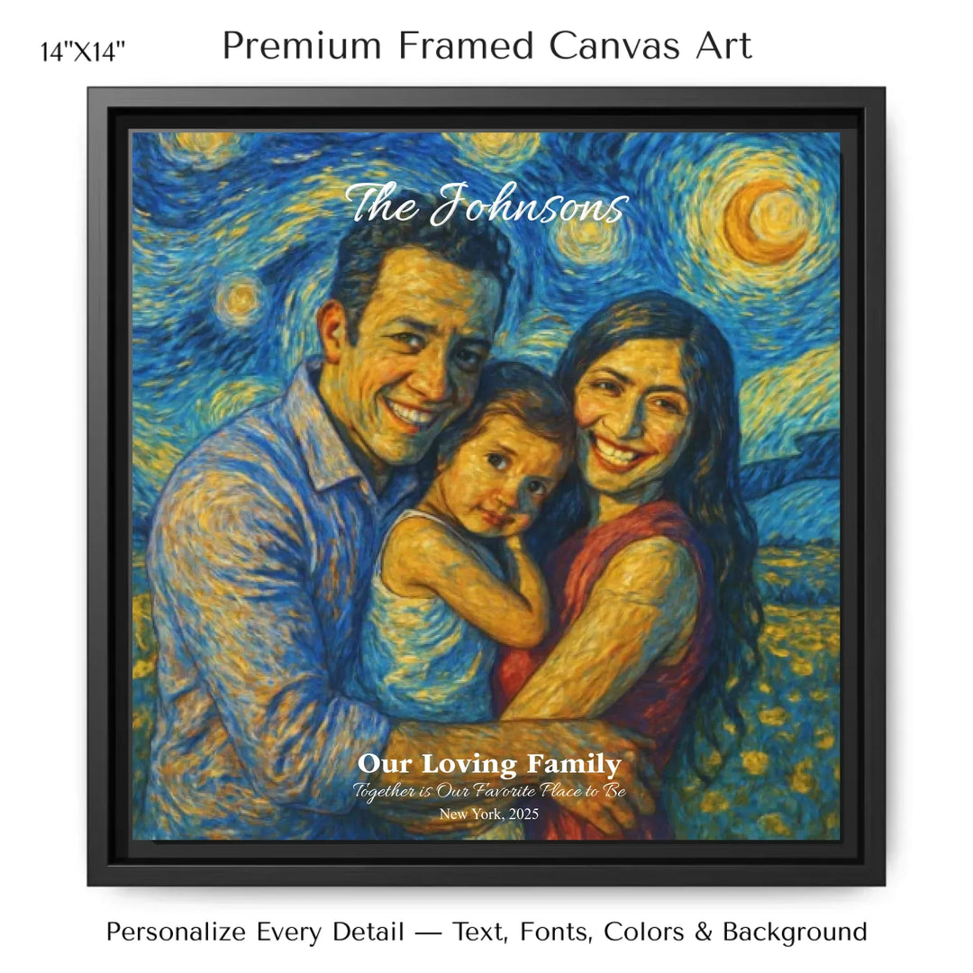 Personalized star map wall art with customizable background, title, names, date, location, and coordinates - 14x14 framed canvas-ARTFULANE