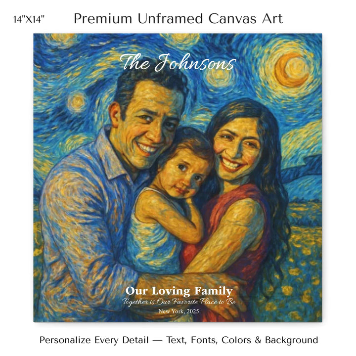 Personalized star map wall art with customizable background, title, names, date, location, and coordinates - 14x14 stretched canvas-ARTFULANE