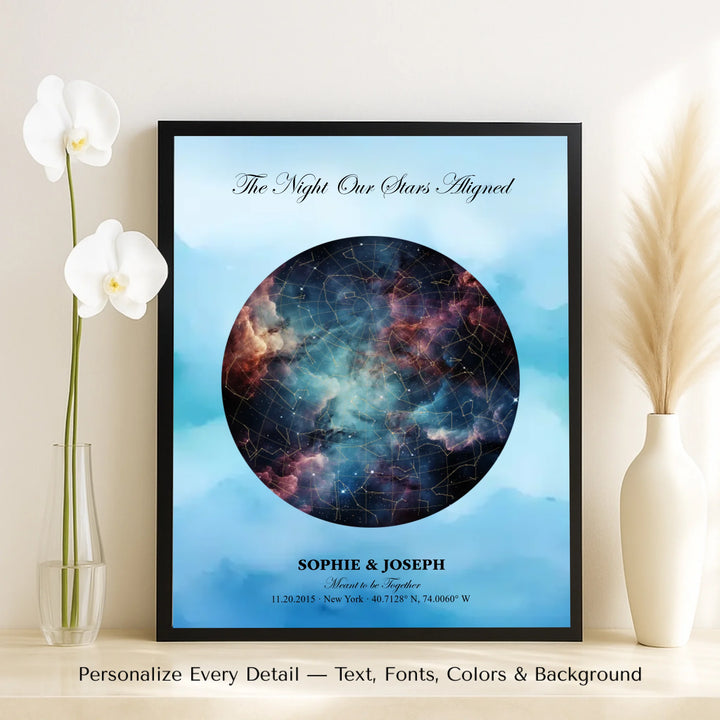 Personalized star map wall art with customizable night sky, background, names, date, location, and coordinates -framed canvas on table-ARTFULANE