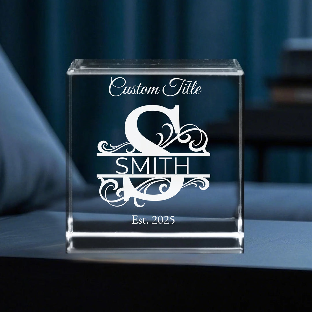 Custom Engraved Elegant Monogram Crystal - Square, Rectangle, Heart