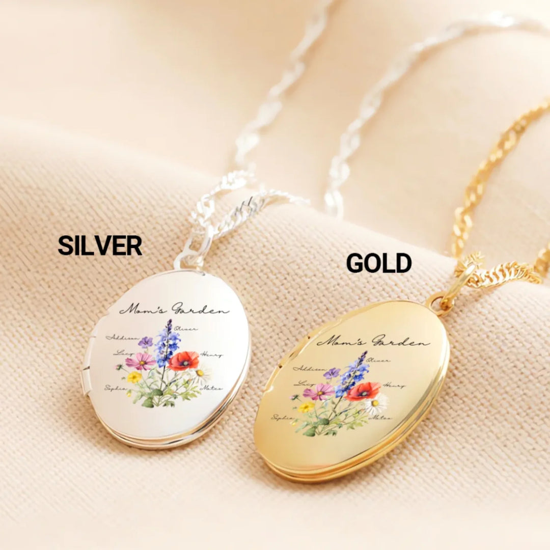 Custom-Birth-Month-Flower-Bouquet-Oval-Locket-Necklace-in-silver-and-gold-artfulane