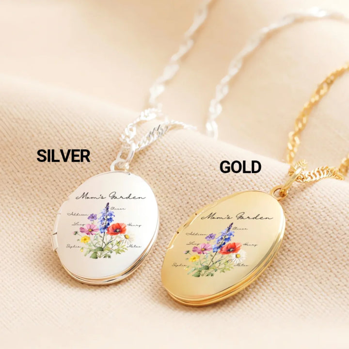 Custom-Birth-Month-Flower-Bouquet-Oval-Locket-Necklace-in-silver-and-gold-artfulane