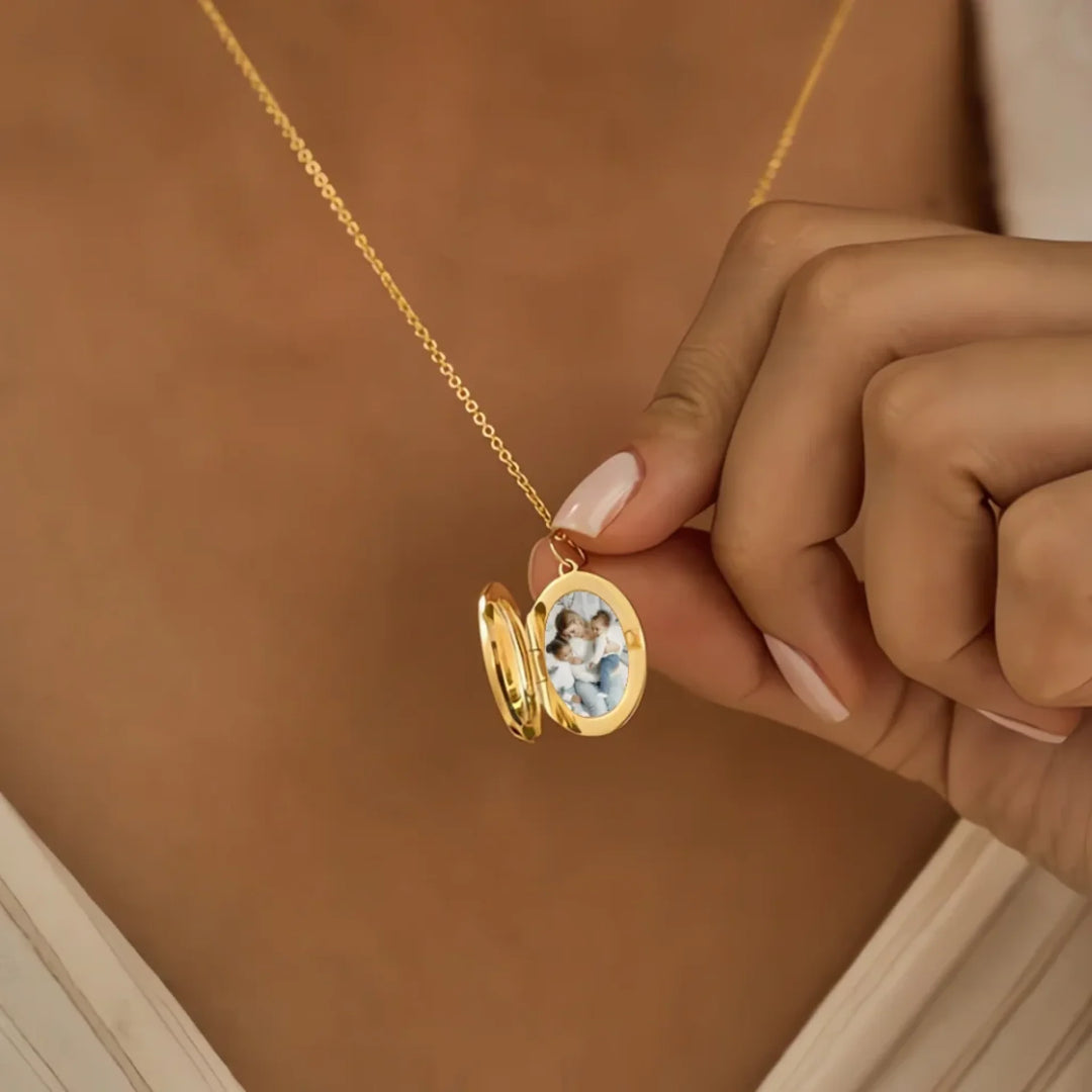 Custom-Birth-Month-Flower-Bouquet-Oval-Locket-Necklace-on-model-artfulane