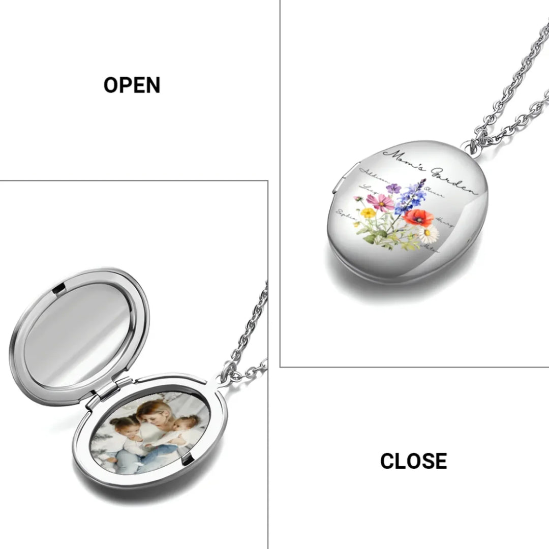 Custom-Birth-Month-Flower-Bouquet-Oval-Locket-Necklace-open-and-close-artfulane
